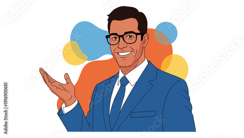 Professional man wearing a blue suit and glasses smiles confidently while making a presenting gesture with his hand.