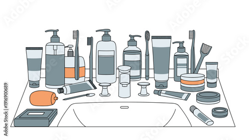 Cluttered bathroom vanity features a sink surrounded by numerous bottles of shampoo, lotion, soap, and other personal hygiene products.