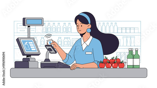 Friendly female cashier at a grocery store processes a payment at the checkout counter, surrounded by fresh fruits and beverages.