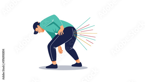Humorous or medical illustration of a man bent over in discomfort with colorful lines radiating from his lower back or backside area.