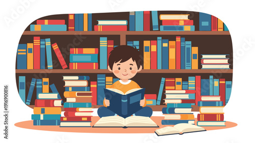 Young boy sitting on the floor and reading a book in a library filled with tall bookshelves and stacks of colorful books.