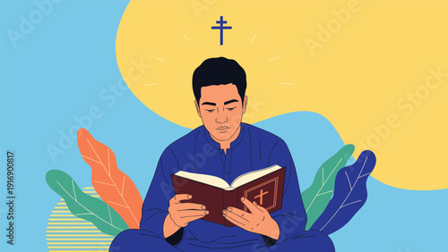 Spiritual man reading a holy bible with a glowing cross symbol appearing above his head in a moment of faith and meditation.