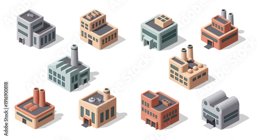 Collection of isometric industrial buildings with smokestacks, factories, and power plants