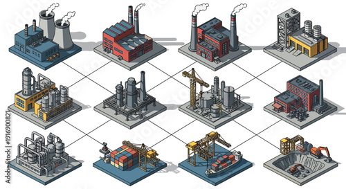 Isometric industrial factory and manufacturing buildings for production and logistics, depicting construction and energy infrastructure