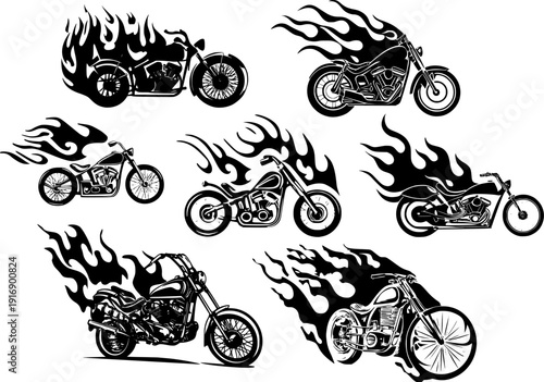 Set of custom chopper motorcycles with dramatic flames on wheels and frames, Black and white illustration isolated on transparent background
