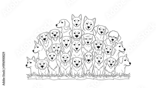 Large collection of hand drawn dog sketches featuring many different breeds sitting together in a group on a white background.