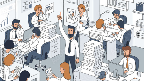 Chaos in a busy crowded office with many employees working at desks, talking on phones, and dealing with large stacks of paperwork.