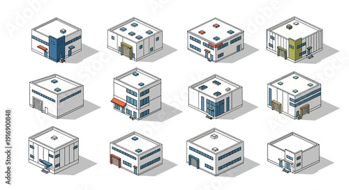 Set of isometric illustrations depicting various modern industrial warehouse buildings with different architectural features and configurations