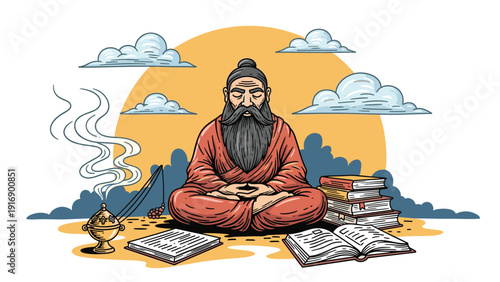 Wise sage with a long beard meditating in a lotus position with books and burning incense under a large orange sun.