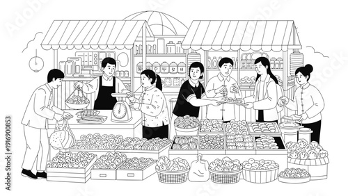 Detailed black and white line drawing of a traditional busy street market with people buying fresh produce from various vendors.