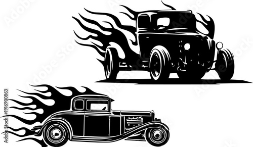 Set of classic hotrod cars with custom flames design, racing roadster for garage or service design