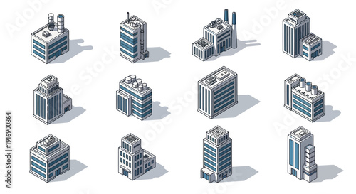 Collection of isometric buildings in a gray and blue color palette, representing urban architecture and city structures