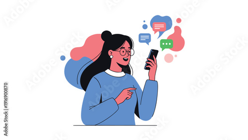 Smiling young woman with glasses using her smartphone with colorful message chat bubbles floating around her against a creative background.