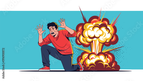 Dramatic action scene showing a terrified man fleeing from a massive fiery explosion with his hands up in a comic book style.