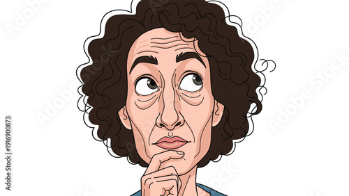 Detailed cartoon portrait of an older woman with curly hair looking up thoughtfully while resting her chin on her hand.