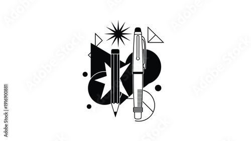 Creative abstract composition featuring a pen and pencil surrounded by geometric shapes and stars for art and design concepts.