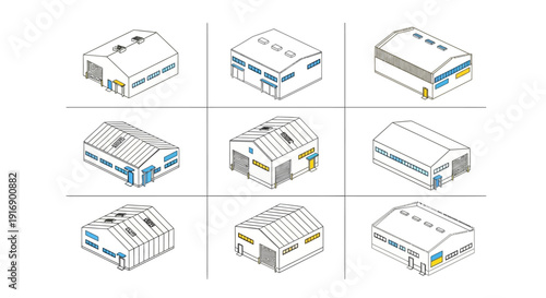 Collection of nine isometric warehouse buildings with blue trim and yellow doors, representing industrial storage and logistics facilities