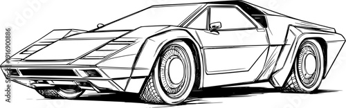 Detailed outline drawing of a retro sports car with large racing wheels and aerodynamic body for automotive design sketch, coloring page, and engineering illustration