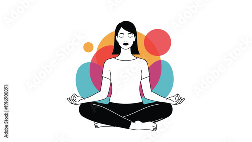 Young woman practicing mindfulness meditation in lotus position with colorful abstract circle background for wellness concept.