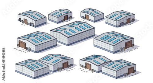 Collection of Industrial Warehouses with Solar Panels on Roofs, Representing Renewable Energy and Business Infrastructure