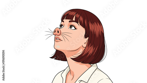 Unusual illustration of a young girl with a pig snout and cat whiskers looking up thoughtfully against a white background.