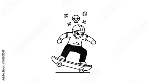 Cool black and white line art illustration of an alien character performing a trick on a skateboard with skull symbols.