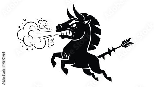 Bold black silhouette shows an aggressive bull or horse with a spiked tail snorting steam, captured in a dynamic and angry charging pose.