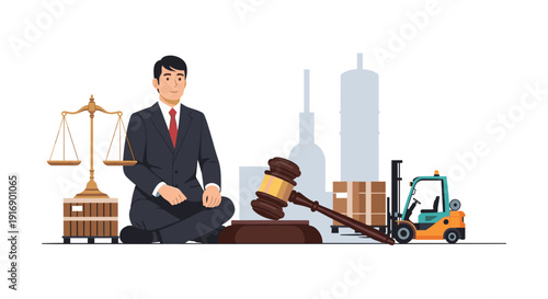 A lawyer in a business suit sits cross-legged, surrounded by legal symbols like a gavel and scales, alongside industrial elements.