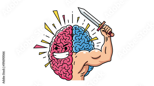 Creative illustration features a human brain with a muscular arm wielding a sword, symbolizing the power of the mind and mental focus.