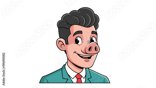 Humorous cartoon portrays a smiling businessman dressed in a green suit who unexpectedly possesses a large pink pig snout for a nose.