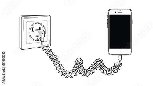 Simple black and white line drawing illustrates a modern smartphone connected to a wall power outlet by a long coiled charging cable.