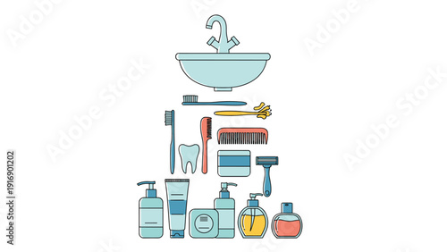 Flat vector icon set features various bathroom essentials such as a sink, toothbrushes, toothpaste, soap, a razor, and hair combs.