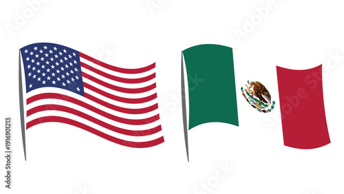 National flags of the United States of America and Mexico are shown waving side by side, representing international relations and borders.