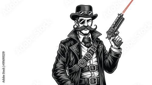 Highly detailed black and white steampunk illustration of a dandy man with a mustache holding a futuristic laser pistol and wearing goggles.
