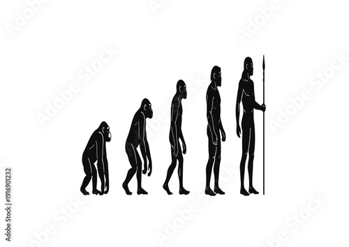 Silhouette of Human Evolution from Primate to Hunter with Spear
