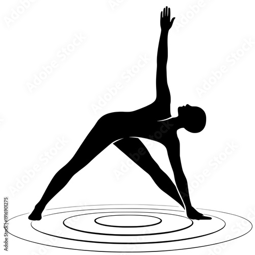 Minimalist Silhouette of Person in Revolved Triangle Yoga Pose with Radiating Grounding Rings


