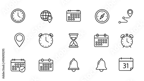 Time & Location Line Icons – Clocks, Calendars, Reminders, and Map Pins, time, calendar, schedule, reminder, clock, watch, alarm, timer, stopwatch, date, planner, planning, agenda, appointment,