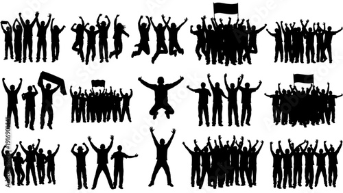 Black Silhouette Cheering Crowd People Vector Set Isolated on White Background Illustration