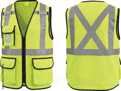 Front and back view of a high visibility yellow safety vest with reflective stripes