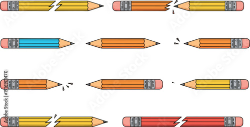 Broken and sharpened pencil illustrations set showing writing mistakes, creativity process, learning errors, and school stationery concepts in playful flat vector style