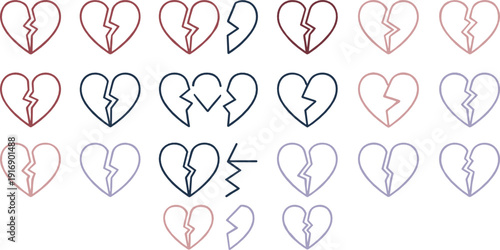 Broken heart outline icon collection with multiple styles and colors representing heartbreak, emotional pain, separation, and relationship loss illustrated in minimal flat vector design