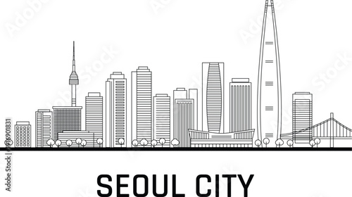 Seoul city skyline with modern skyscrapers in minimalist line art