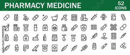Pharmacy medicine icons set with pills capsules syringes and medical tools flat design vector illustration