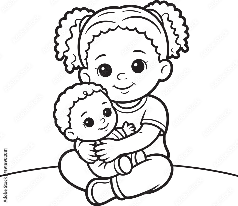 Fototapeta premium Toddler Girl with Pigtails Cuddling Her Doll Coloring Page