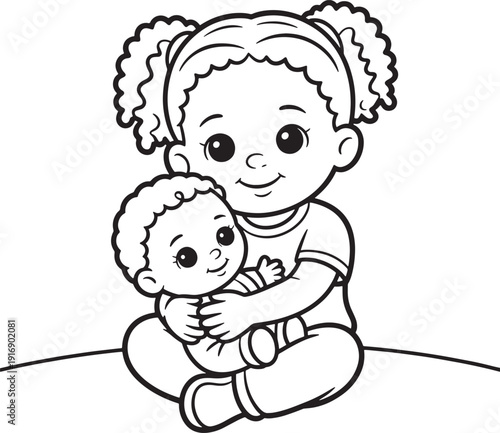 Toddler Girl with Pigtails Cuddling Her Doll Coloring Page