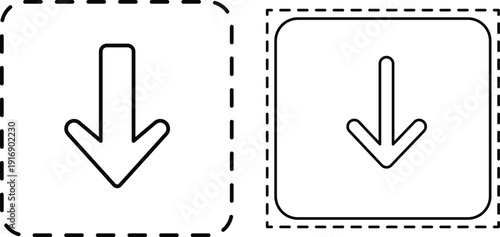 Two black outline down arrows inside dashed square frames on white background arrow down direction
