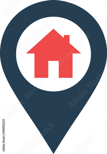 Red house inside a dark blue location pin marker on white background house location pin map marker