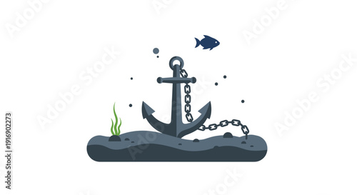 A heavy dark anchor with a metal chain is embedded in the sandy ocean floor, accompanied by a small fish and seaweed.