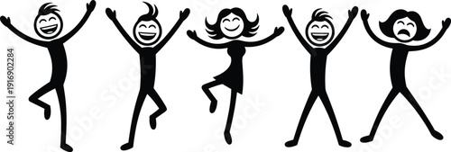 Black stick figures dancing with arms raised black and white people joyful