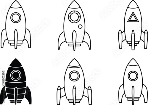 Cartoon rocket ship outline icons set with space launch vector illustration collection